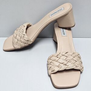 Steve Madden Heels Women 8.5 Palas Tan Cream Braided Slides Leather Slip Ons